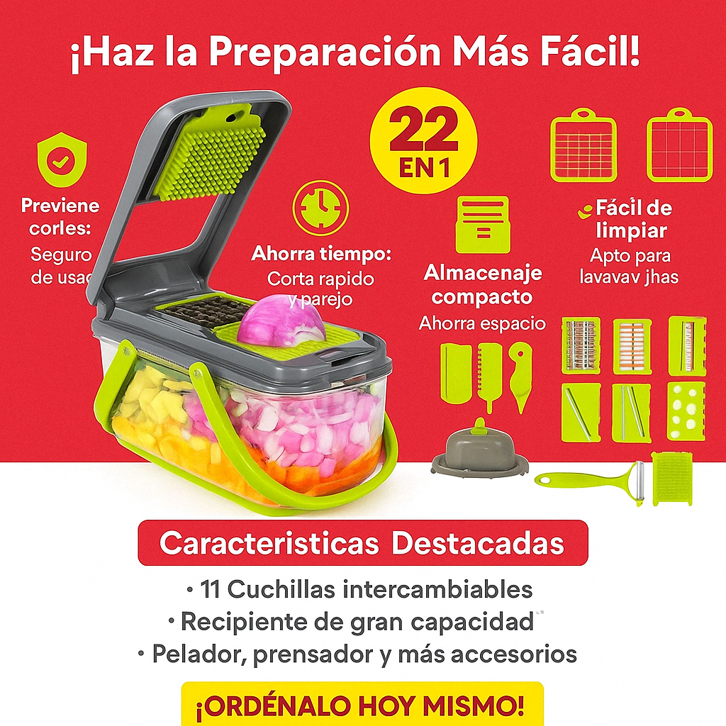 CORTADOR DE VEGETALES MULTIFUNCIONA 22 EN 1. ¡Haz que cocinar sea más rápido, fácil y divertido!