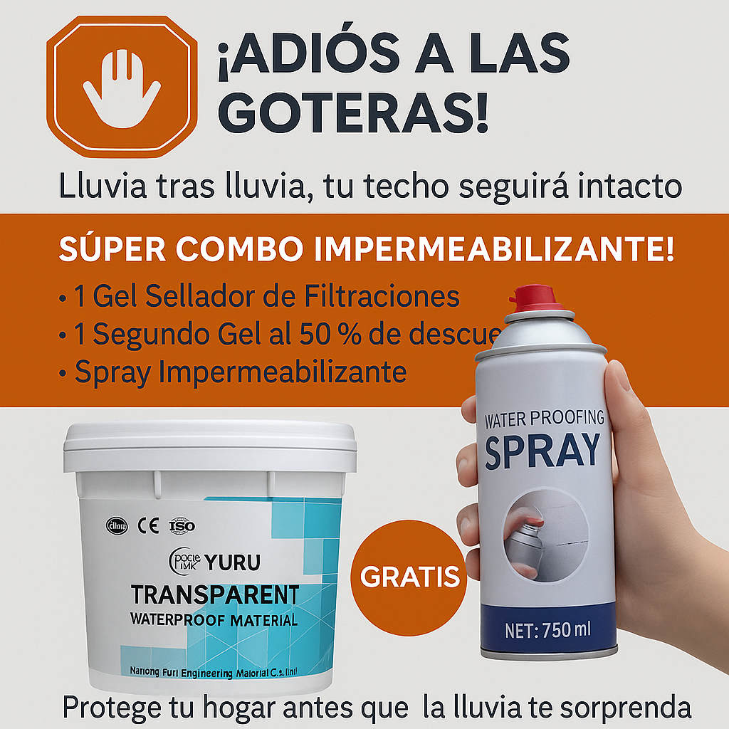 ¡Adiós a las goteras! 🔧 Lluvia tras lluvia, tu techo seguirá intacto SOLO POR HOY 1 Gel Sellador (900g) llevate el segundo 50% de descuento y 1 Spray Gratis
