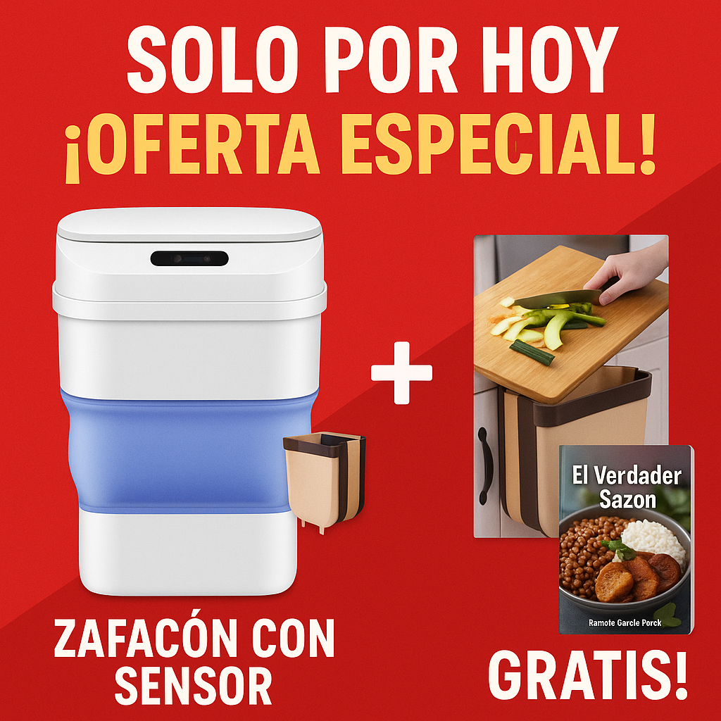 Compra hoy el Zafacón con Sensor Inteligente y lleva gratis el Zafacón Plegable para cocina y Un Ebook con las recetas de los mejores platos dominicanos